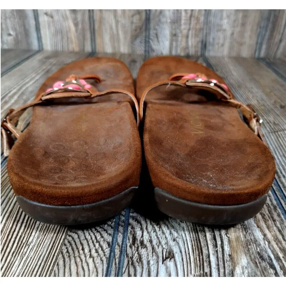 Vionic 340 Ricci Women Thong Sandal Flip Flop Brown‎ Leather Beaded Size 10